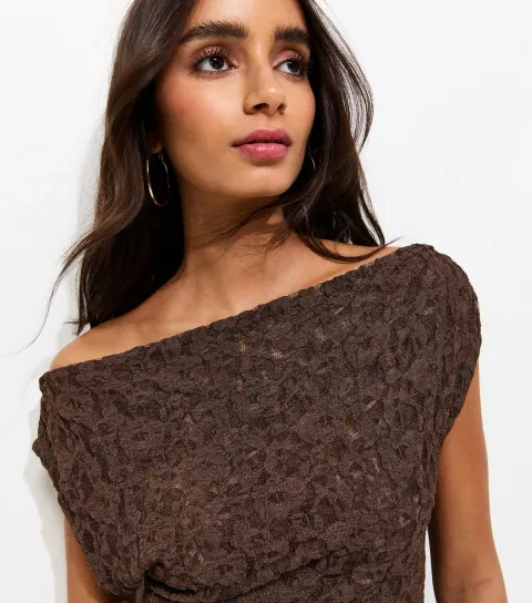 Women's Brown Jersey Lace Off The Shoulder Top