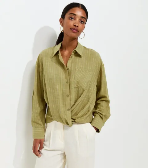 Women's Green Cotton Rich Striped Twist Front Long Sleeve Shirt