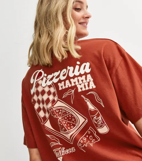 Women's Dark Red Pizza Print Oversized T-Shirt