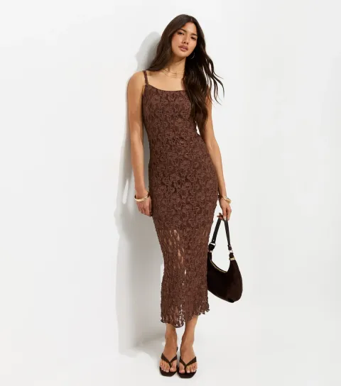 Women's Dark Brown Floral Lace Strappy Midi Dress