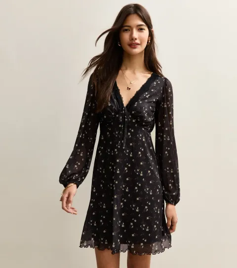 New Look Women's Black Floral Mesh Long Sleeve Mini Dress