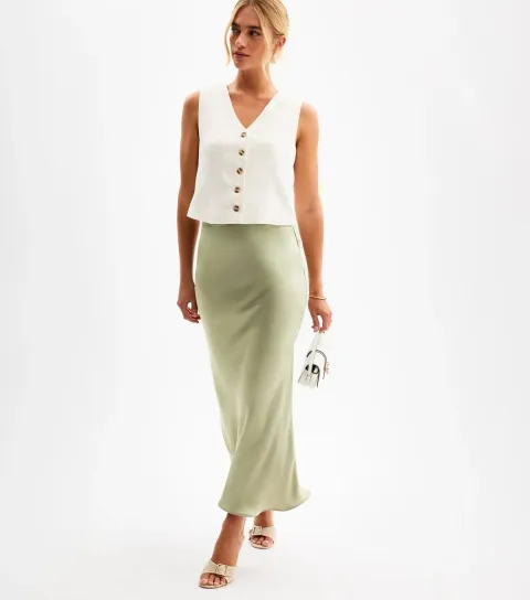 New Look Women's Light Green Bias Cut Satin Midi Skirt