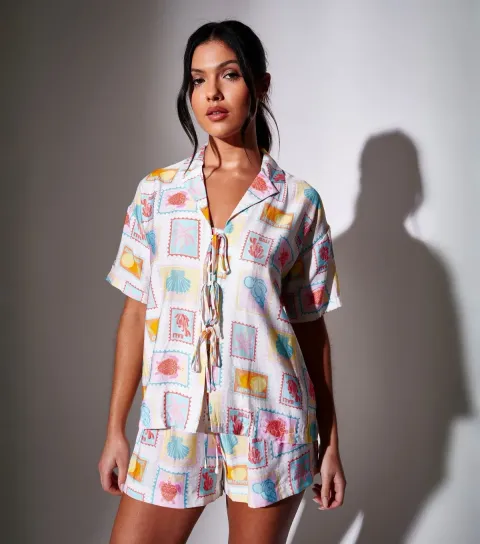 Women's Multicoloured Postcard Print Short Sleeve Shirt