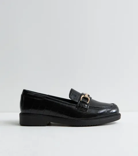 Women's Wide Fit Black Faux Leather Croc Embossed Loafers Vegan