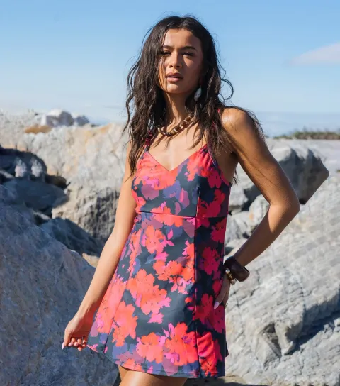 Women's Red Floral Strappy Mini Dress