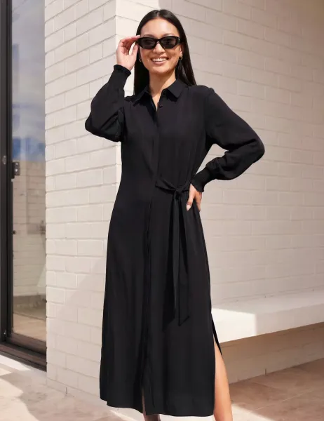 Roman Button Front Tie Waist Midi Shirt Dress Black Mix