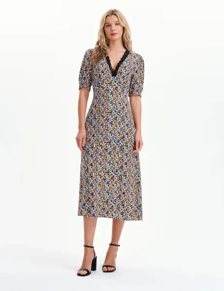 Finery London Floral Lace Trim Midi Waisted Dress Black Mix