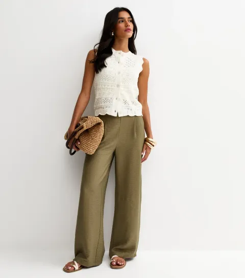 Women's Dark Khaki Pull On Wide Leg Trousers