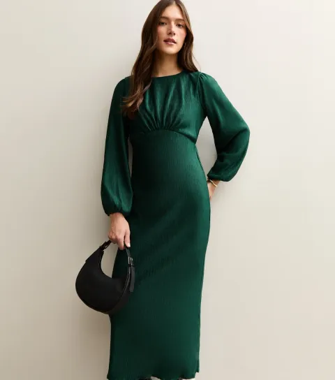 Women's Dark Green Plisse Midi Dress