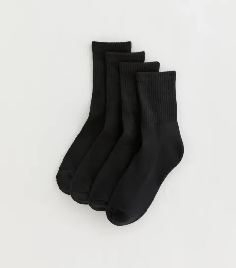 Pack of 4 Black Plain Ribbed Tube Socks