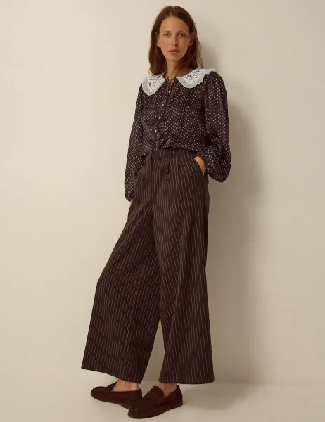 Monsoon Lace Polka Dot Collared Button Through Top Chocolate