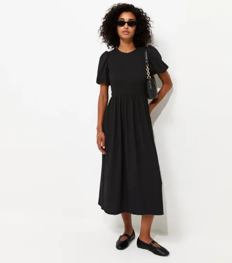 Women's Black Shirred Bodice Textured Midi Dress