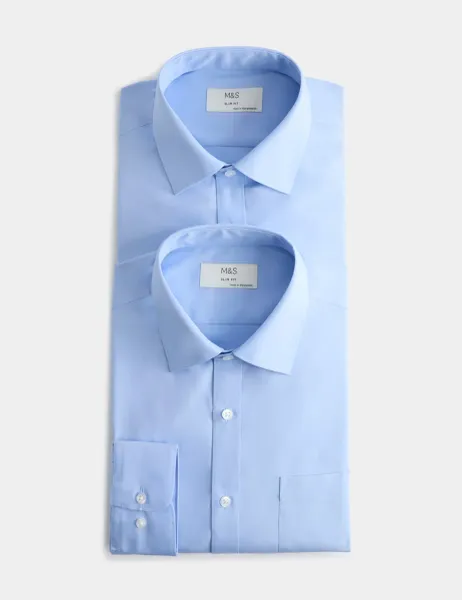 Marks & Spencer 2 Pack Slim Fit Easy Iron Cotton Blend Shirts Mid Blue