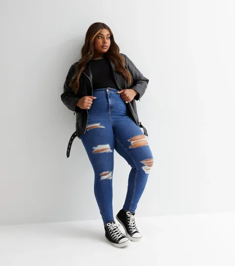 Women's Plus Size Blue Ripped Mid Rise Amie Skinny Jeans Curves