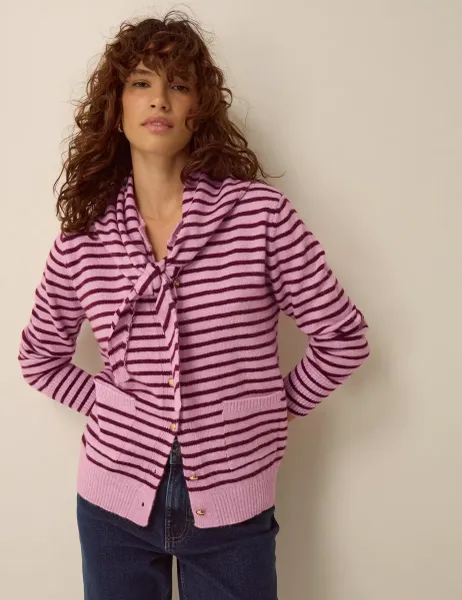 Crew Neck Striped Cardigan Pink Mix