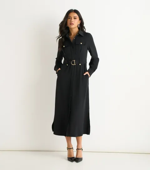 Women's Black Gold Button Shirt Dress