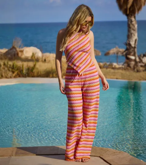 Women's Pink Chevron Beach Wide Leg Trousers