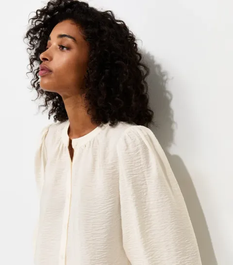 Women's Cream Crinkle Texture Grandad Collar Shirt