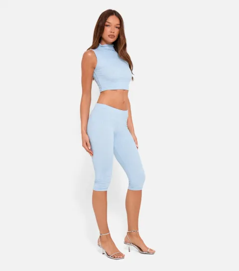 Women's Light Blue Rhinestone Embellished Capri Trousers