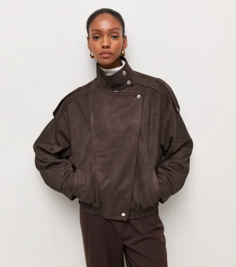 Women's Dark Brown Faux Suede Asymmetric Front Wrap Funnel Neck Jacket Vegan