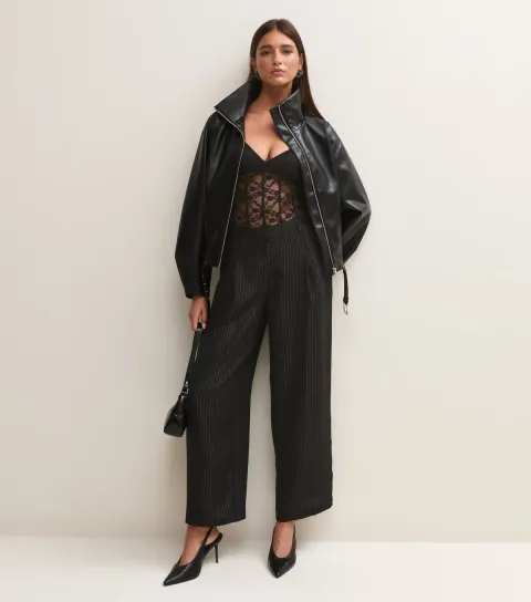 New Look Women's Black Pinstripe Inverted Pleat Wide Leg Tailored Trousers