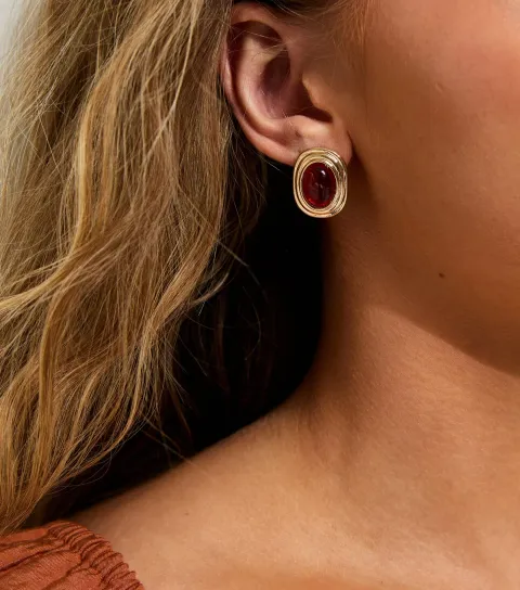 Gold Tone Dark Burgundy Oval Stud Earrings