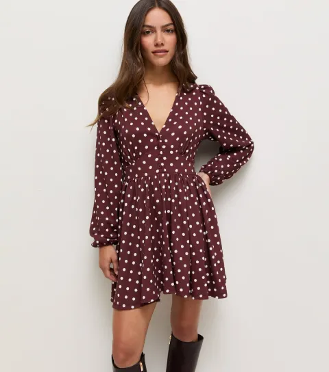 Women's Petite Red Long Sleeve Spot Print Crinkle V-Neck Mini Dress