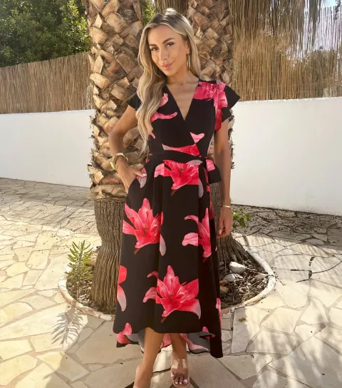 Women's Black Floral Wrap Midi Dress