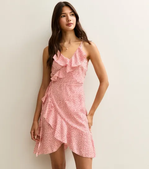Women's Pink Polka Dot Frilly Trimmed Wrap Mini Dress
