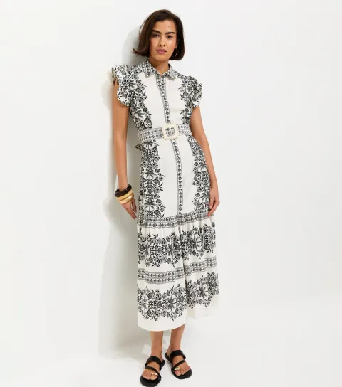 Women's Cream Floral Border Print Buckle Detail Shirt Dress