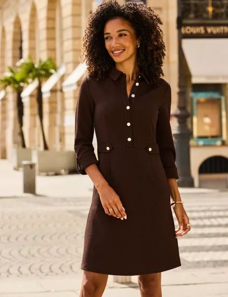 SOSANDAR Textured Button Front Knee Length Shirt Dress