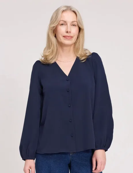 Finery London V-Neck Button-Through Top Navy