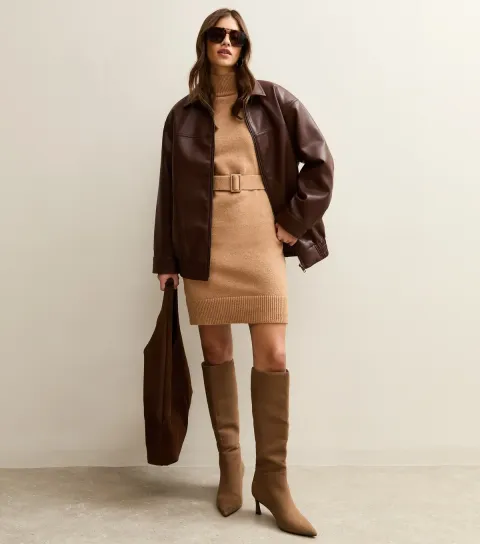 Women's Camel High Neck Belted Mini Dress