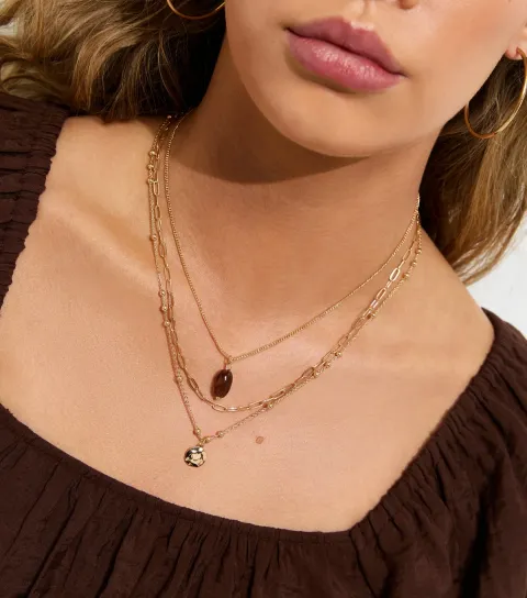 Gold Tone 3 Layer Hammered Disc Chain Necklace
