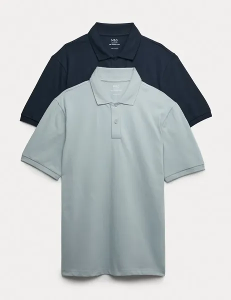 Marks & Spencer Ultimate 2 Pack Cotton Rich Polo Shirts Soft Blue Mix