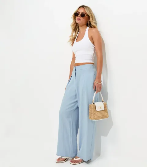 Women's Petite Light Blue Tailored Wide Leg Trousers