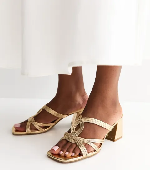Women's Gold Faux Leather Interwoven Block Heel Mules Vegan