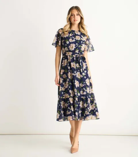 Women's Navy Fit And Flare Floral Midi Dress