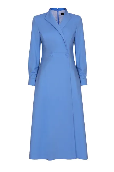 Double Breasted, Long Sleeved Coat Dress with Buttons in China Blue Wool - Savannah
