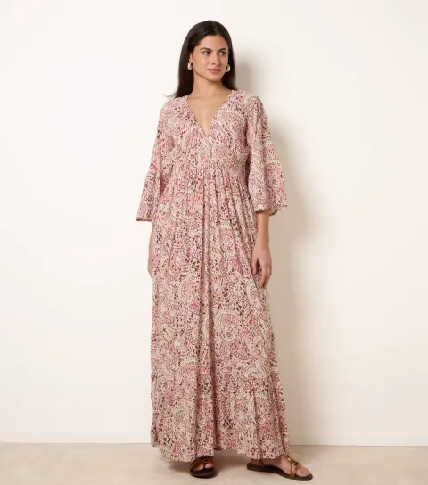 Women's Pink Printed V-Neck Midi Dress