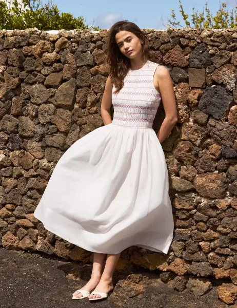 RO&ZO Cotton Rich Midi Shirred Dress White Mix