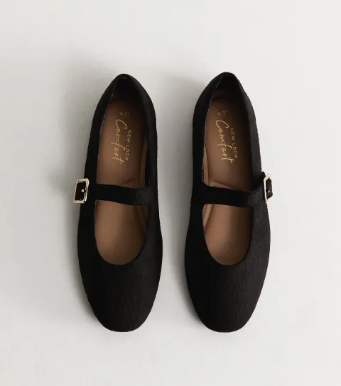 Women's Black Textured Faux Suede Buckled Mary Jane Flats Vegan