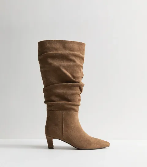 Women's Camel Faux Suede Ruched Knee High Boots Vegan