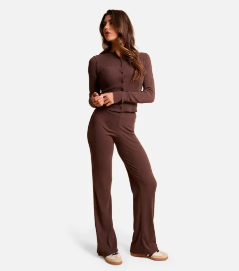 Public Desire Women's Dark Brown Ribbed Wide Leg Trousers
