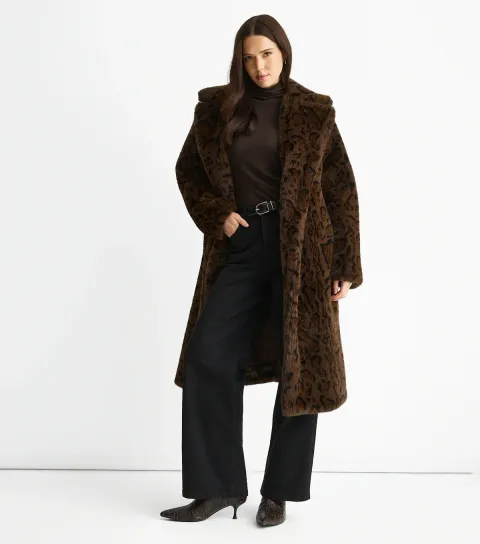 Women's Premium Brown Animal Print Faux Faux Coat
