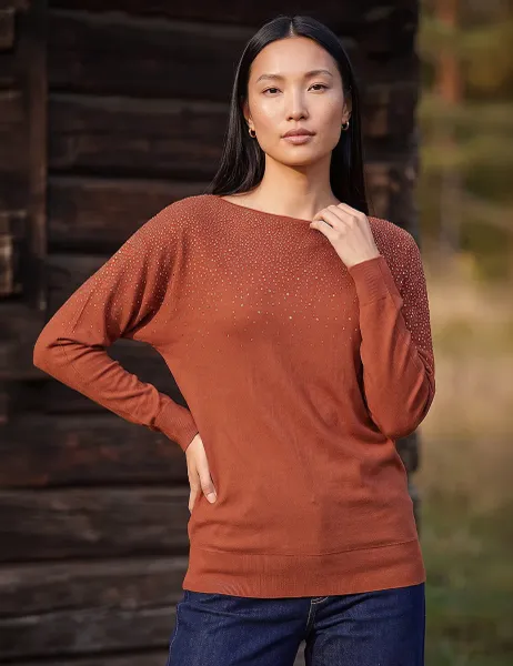Roman Rayon Rich Embellished Batwing Sleeve Jumper Dark Orange