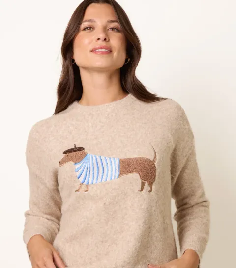 Blue Vanilla Women's Oatmeal Melange Dog Knitted Jumper