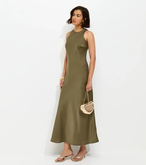 Women's Khaki Satin High Neck Maxi Dress
