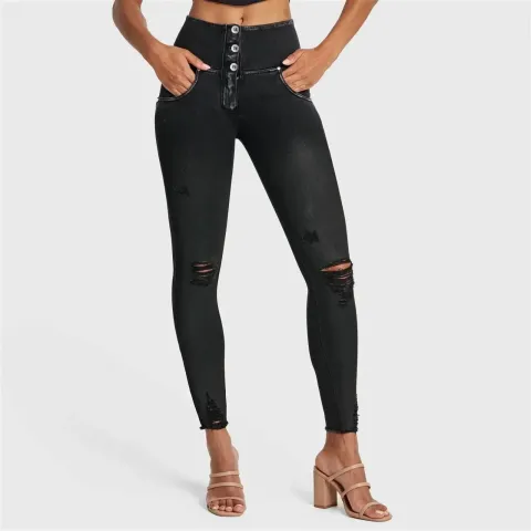 Freddy WRUP SNUG Ripped Jeans - High Waisted - Full Length - Coated Black + Black Stitching