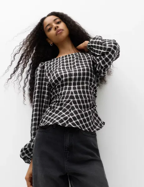 Marks & Spencer Checked Gathered Waisted Blouson Sleeve Blouse Black Mix